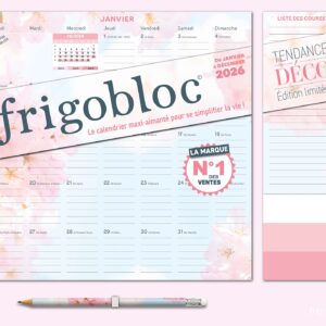 Frigobloc Mensuel 2026 Tendance déco Rose (de janv. 2025 à déc. 2026)