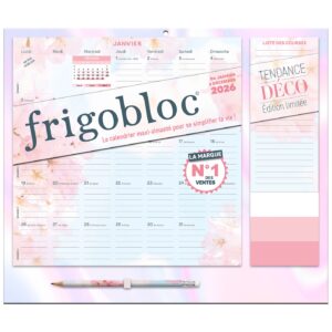 Frigobloc Mensuel 2026 Tendance déco Rose (de janv. 2025 à déc. 2026)