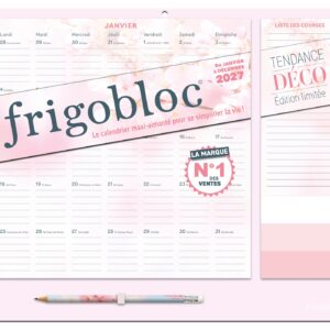Frigobloc Mensuel 2027 Tendance déco Rose - Calendrier organiseur familial (de janv. à déc. 2027)