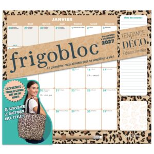Frigobloc Mensuel avec sac léopard 2027- Calendrier organiseur familial (de janv. à déc. 2027)